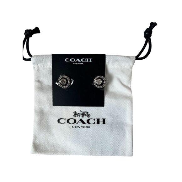 Coach Silver Tone Stud Earrings with Cut Crystals Engraved Logo - Picture 1 of 2